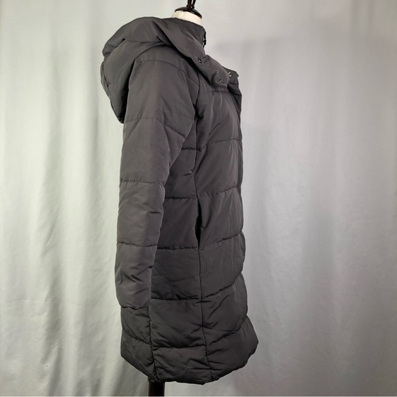 French Connection puffer coat long matte grey hood zip and snaps XS - Picture 5 of 12